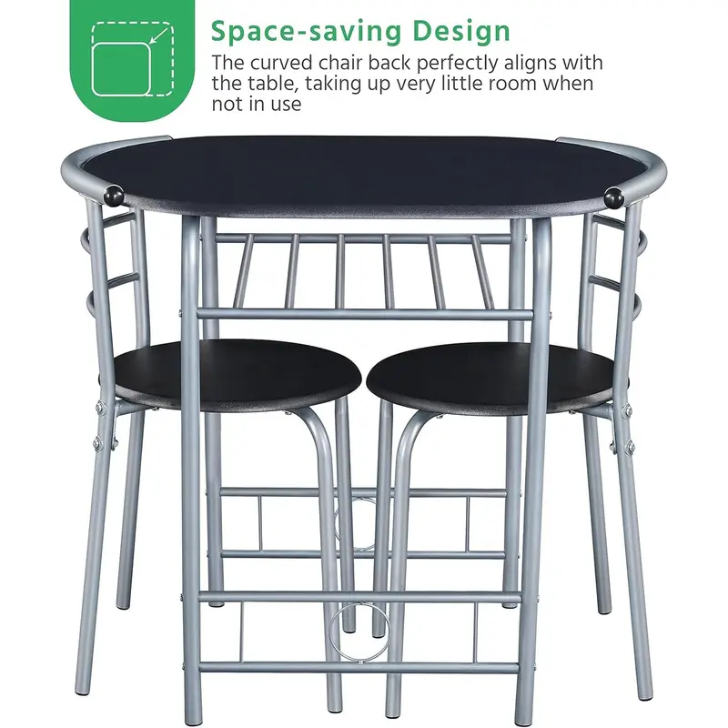 3 Piece Dining Table & Chairs Set, Compact Dining Room Set with Storage Shelf and Wine Rack, Modern Breakfast Bar Table Set for Kitchen/Apartments/Small Space, Black, 80x53x75.5cm 2