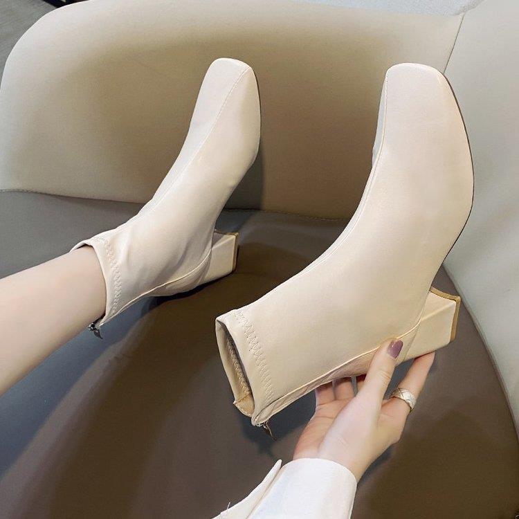 Product Introduction of Martin Boots Women's 2024 New Women's Boots, European and American Style Square Head Rear Zipper Short Boots Women's Thick Heel Medium Heel Boots Women's Girl Walking Shoes Footwear Comfort Makapal Marten Onyx high heel 1
