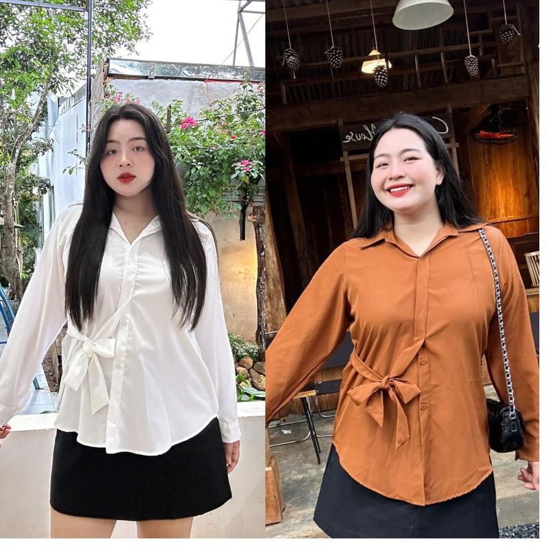 Áo Sơ Mi Tay Dài Có Dây Thắt Eo Phom Rộng Bigsize Nữ Chất Vải Lụa Mặc Mát SM39 Top Cổ Tròn Top Cổ Tròn Women Shirt