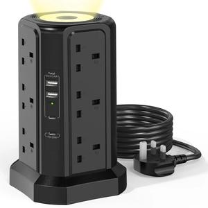 3250W 3-layer Tower Shaped Outlet, 12 AC Outlets Tower Shaped Outlet, with 2 PD20W USB-C Ports, 2 USB-A Ports, with 2m Extension Cable, Surge Protector, Suitable for Home, Office, Travel, Dormitory