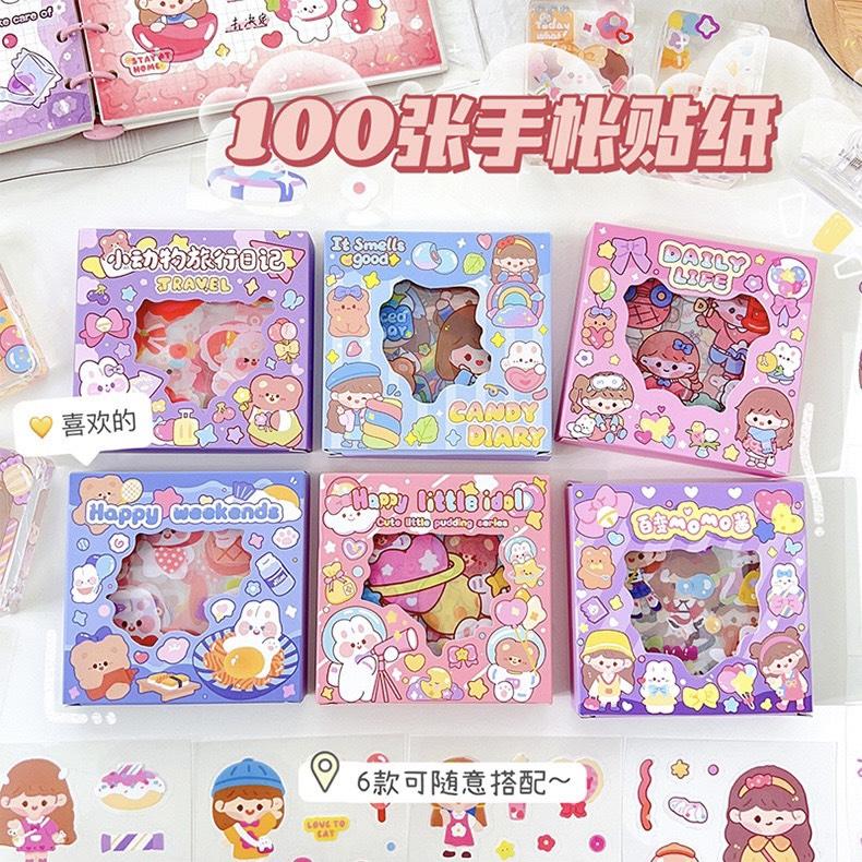 Mẫu mới hộp nhỏ - Hộp 100 Tấm Sticker Cute Cắt Sẵn HANACORN - Set Sticker trong suôt cute trang trí tập vở, bình nước, bút văn phòng phẩm