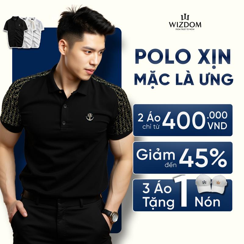 Áo Polo Nam Cao Cấp Wizdom TRIDENT Hoạ Tiết Vai Monogram Sang Trọng, Vải Thoáng Mát 95% Cotton Thiên Nhiên