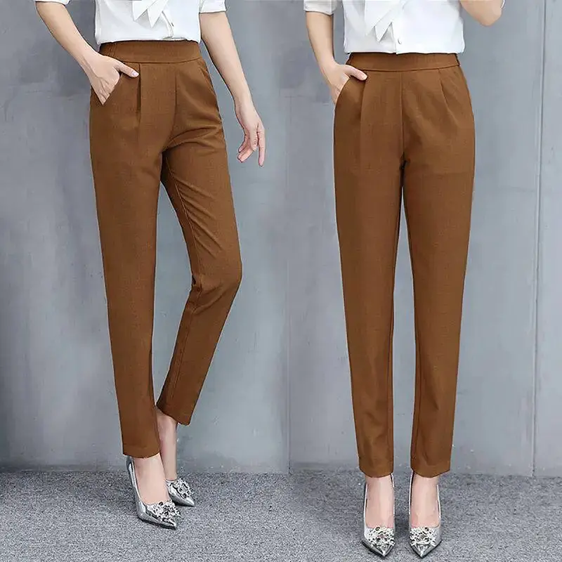 Bqudyzy-Quần Nữ Cạp Cao, Linh Hoạt, Thanh Lịch, Đi Làm, Mỏng, Mặc Hàng Ngày, Polyester, Màu Trơn, Bộ Đồ Du Lịch 2
