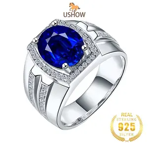 USHOW Cincin Safir Biru Alami Pria Terlaris 925 Perak