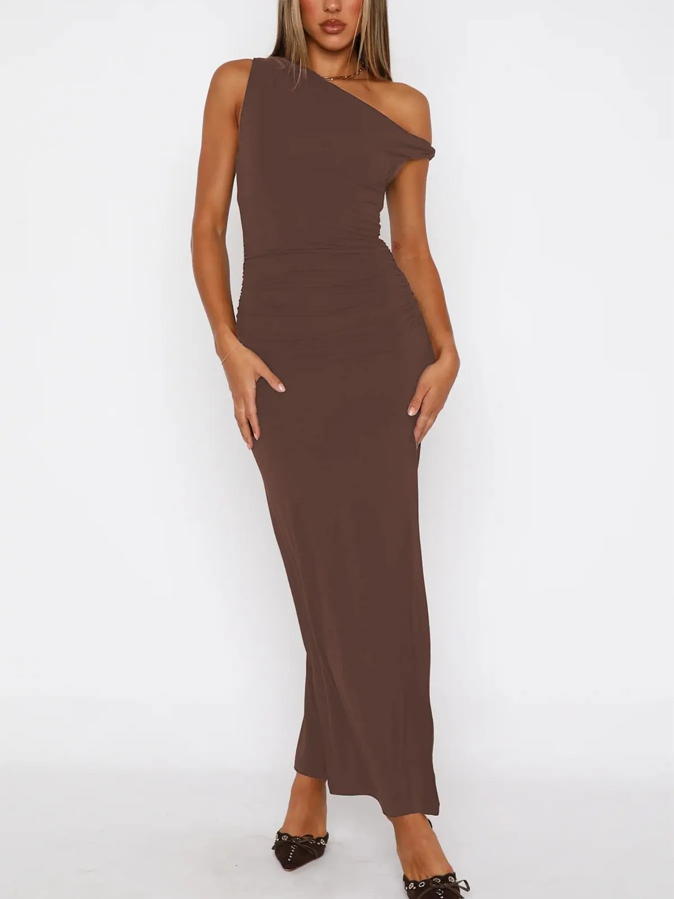 Women's Plain Asymmetrical Shoulder Dress, Elegant Sleeveless Long Dress for Party Dating Wear, Ladies Summer Clothes