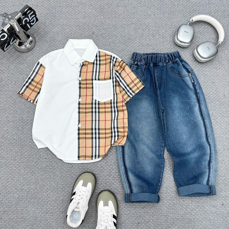 [ 18 -55KG] Sét Bộ Sơ Mi Kẻ Ngắn Tay Đi Học - Đi Tiệc Bé Trai - Áo Sơ Mi Quần bò dài Phong Cách Hàn Quốc Cho Bé Trai Kích Thước 18 - 55kg Mã P12