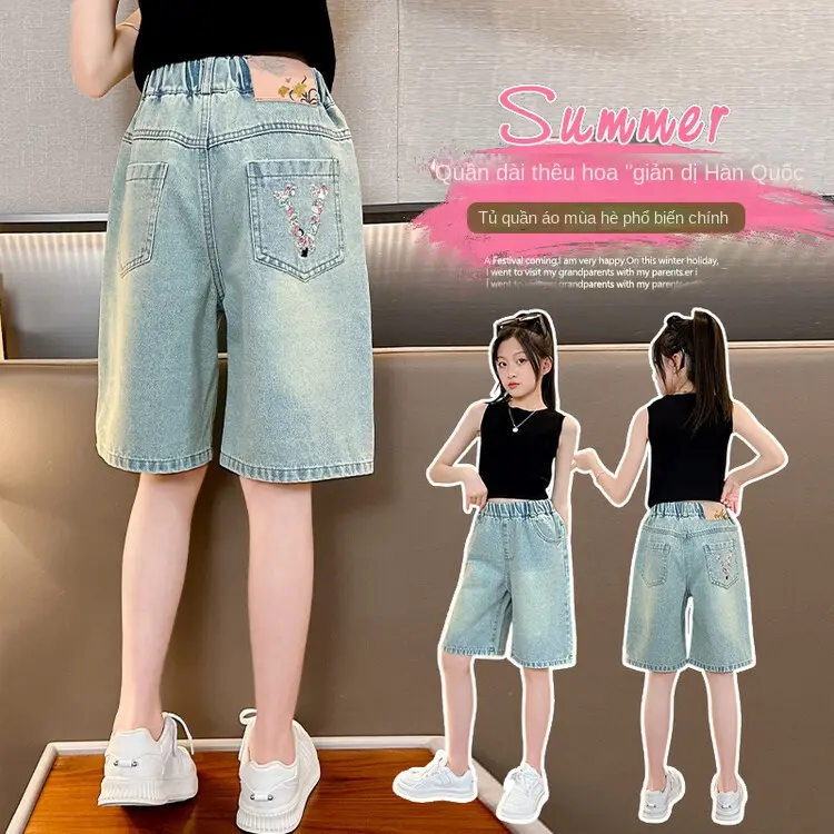 Quần Soóc Denim Bé Gái, Chất Liệu Tencel, Mỏng Mùa Hè, Hàng Mới Về, Cỡ Trung Bình Và Lớn, Quần Bé Gái, Quần Cropped Xén, 2024
