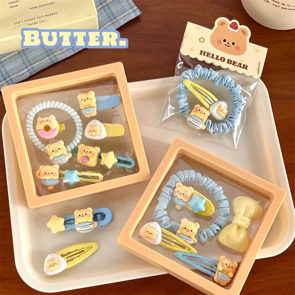 Bộ Phụ Kiện Tóc, Dòng Gấu Custard Dễ Thương, Dành Cho Bé Gái, Kẹp Tóc Mái Ngọt Ngào Dây Buộc Tóc Đàn Hồi Cao