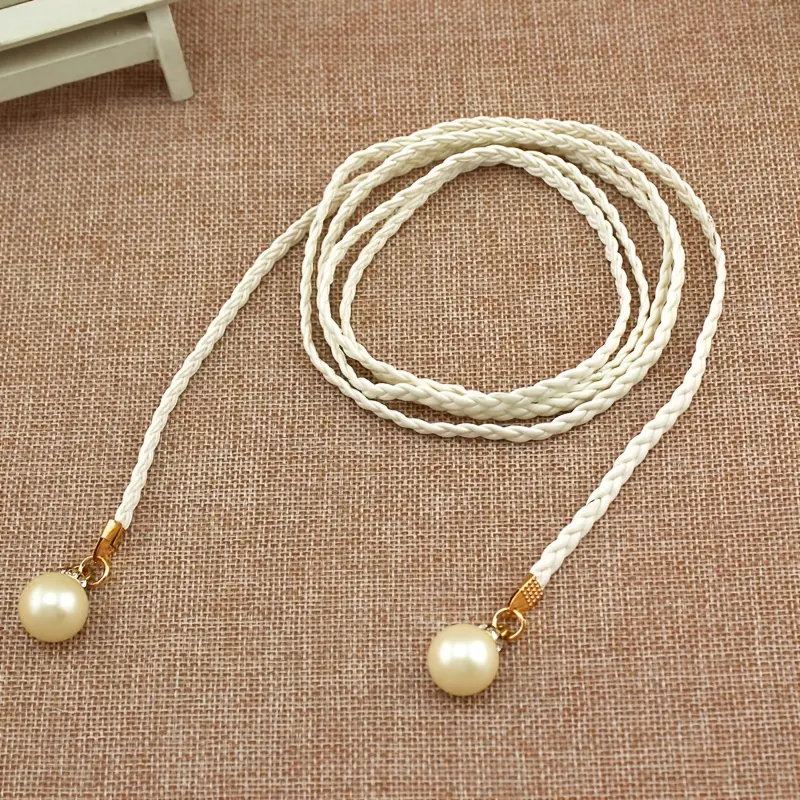 [1pc Elegant Braided Belt] 1pc Elegant Women's Braided Waist Rope Belt with Classic Pearl Pendant | Vintage Sweet Style, Non-Washable, Perfect for Dresses, Wedding Belt, Available in Black, Pink, Red, Brown 0