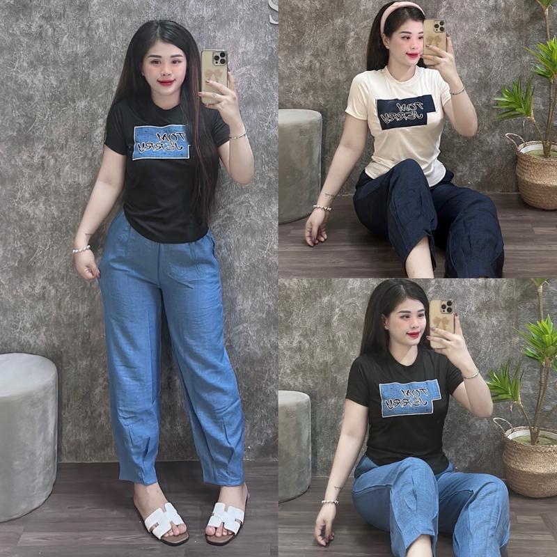 Bộ áo thun tăm thêu chữ ngắn tay, quần đũi màu xanh dáng baggy lưng thun Top Women Nữ set
