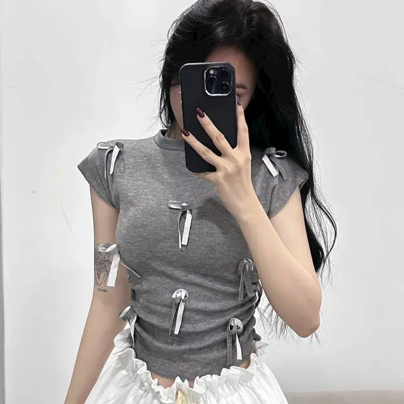 Áo thun nữ cổ cao tay hến đính nơ, bo chun hai bên eo - Women, Top 0