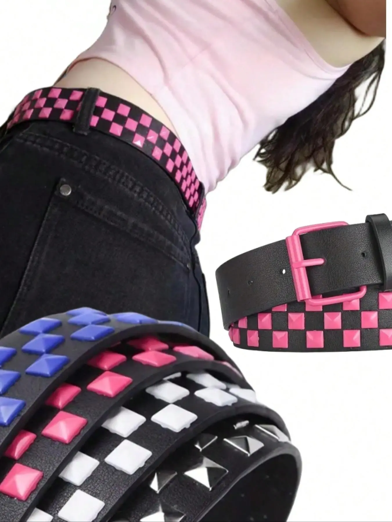 Unisex Street Punk Style Fashion Belt, Casual Plaid Pattern PU Leather Buckle Belt for Jeans Casual Shorts, Trendy All-match & Exquisite Belt for Birthday Gift