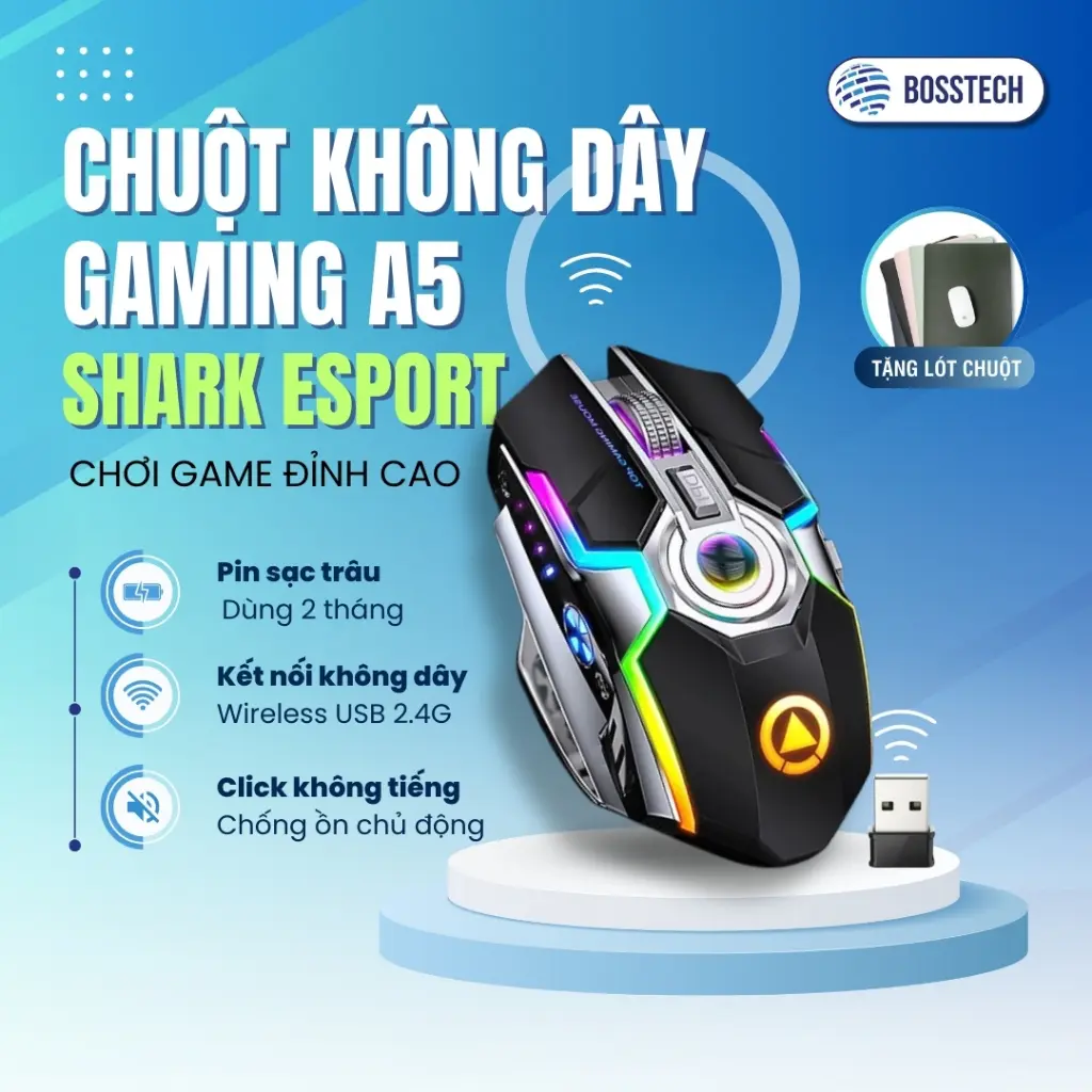 Chuột Không Dây A5Silent BOSSTECH • Đèn LED Đuổi RGB, Pin Trâu, Cảm Biến 2400 DPI, Thiết Kế Độc Đáo, Chuyên Game Cao Cấp