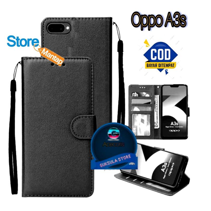 LEATHER CASE FLIP UNTUK OPPO A3S / RESLME C1 -FLIP WALLET CASE KULIT - CASING DOMPET-FLIP COVER LEATHER-SARUNG BUKU HP Ponsel 3