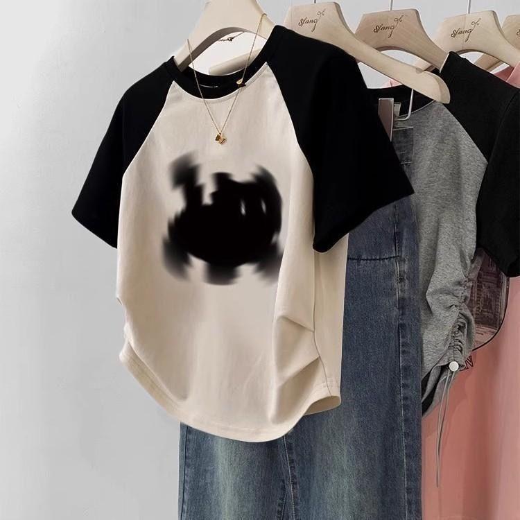 Áo Thun Ngắn Tay Raglan, Áo Ngắn Cổ Điển Mỹ Bất Đối Xứng Thiết Kế Dễ Phối Đồ Mùa Hè Dáng Ôm Xếp Ly Cho Nữ, 2024 Top Women Cổ Tròn 2