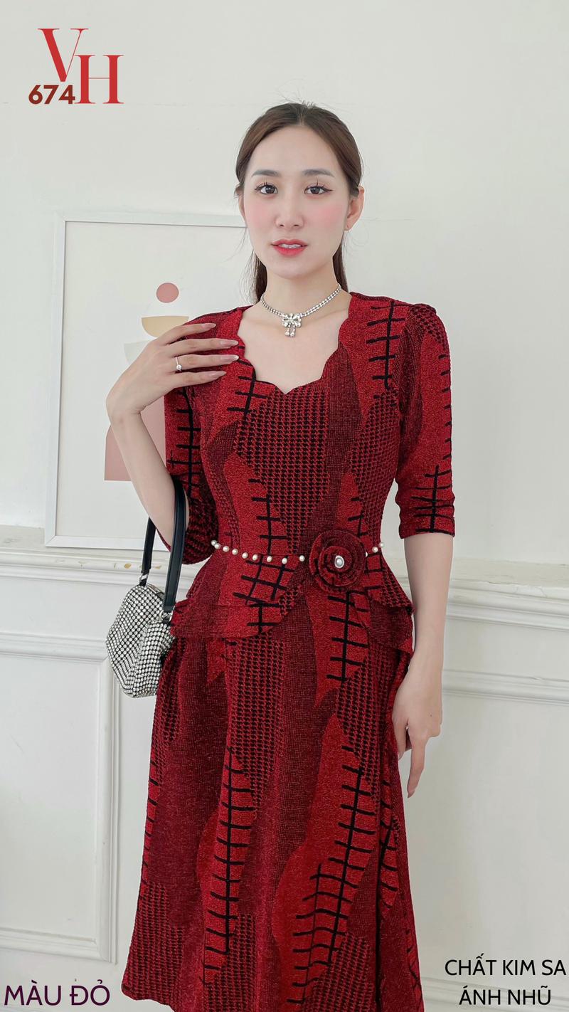 Product Introduction of M674 Đầm nhũ cổ lượn , đính cườm eo gắn hoa Nữ Women Dress Váy Đỏ 2