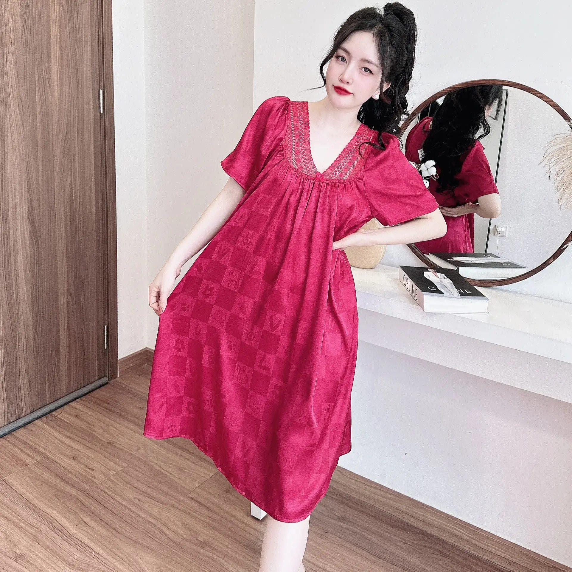 Đầm Mặc Nhà Nữ Váy Tay Phồng Gấm Xước  FREESIZE 50-75 KG