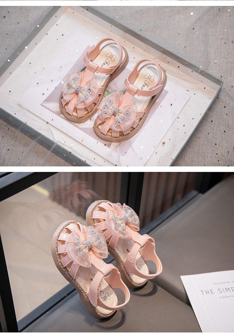 Product Introduction of New Summer Girls' Bow Sandals Anti-Collision Anti-Kick Princess Shoes Soft Bottom Non-Slip All-Matching Baby Girl Sandals 25