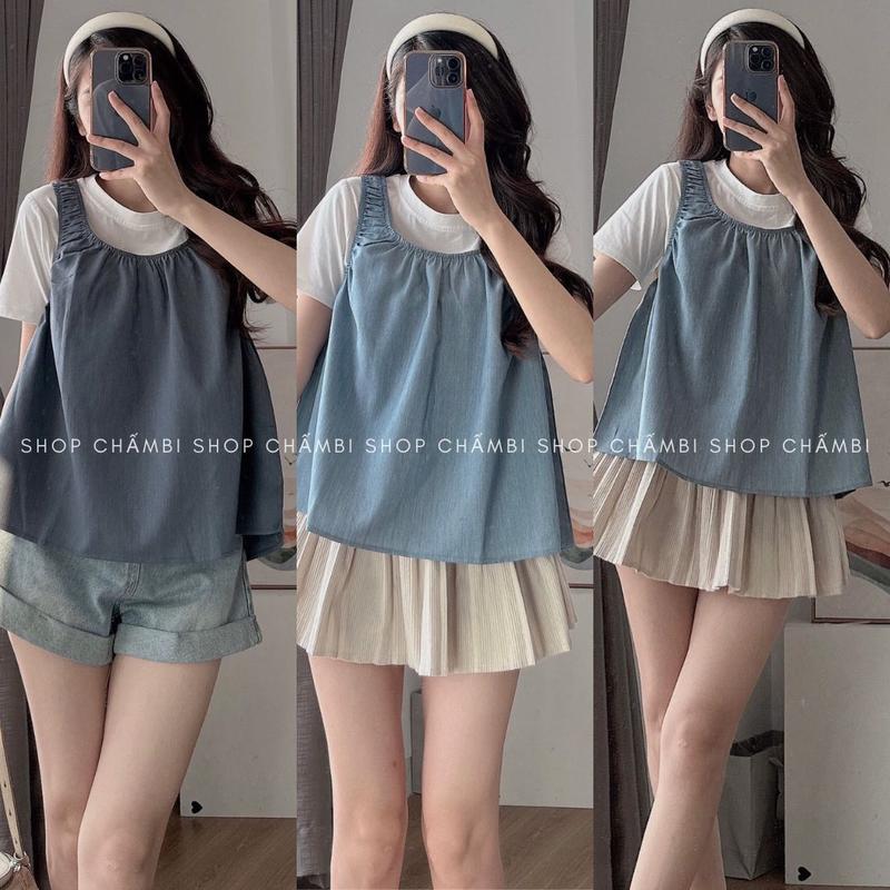Set áo nữ đi chơi A.613, Set áo thun trắng kèm áo yếm denim giả bò basic dễ mặc xinh xắn - Shop Chấm Bi