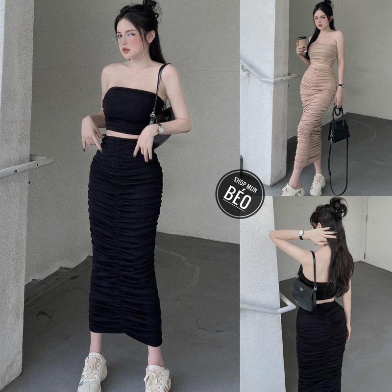 Set bộ áo ống có mút kèm chân váy nhún dài chất thun dẻo thích hợp mặc đi làm đi chơi phù hợp với mọi phong cách