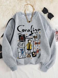 Sudadera para mujer con estampado gráfico de Coraline, cuello redondo, manga larga, casual para otoño e invierno en uso diario