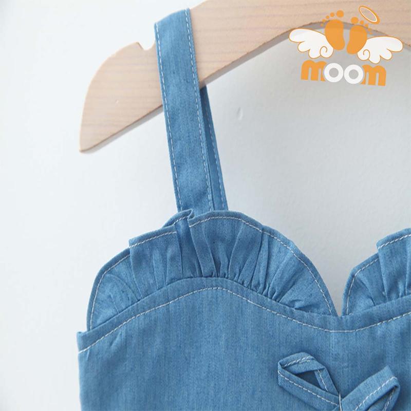 Đầm bé gái áo 2 dây denim váy voan thêu hoa có lót kèm nón 4
