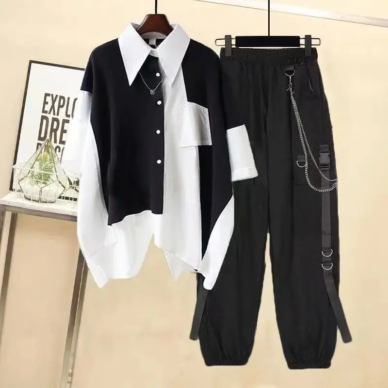 Summer 2023 Men's and Women's Suits Korean Style Loose Design Stitching Shirt Handsome Overalls Two-Piece Ins Fashion