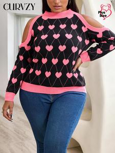 CURVZY Plus Size Heart Print Cold Shoulder Sweater, Casual Long Sleeve Jumper for Fall & Winter, Women's Clothing for Daily Wear