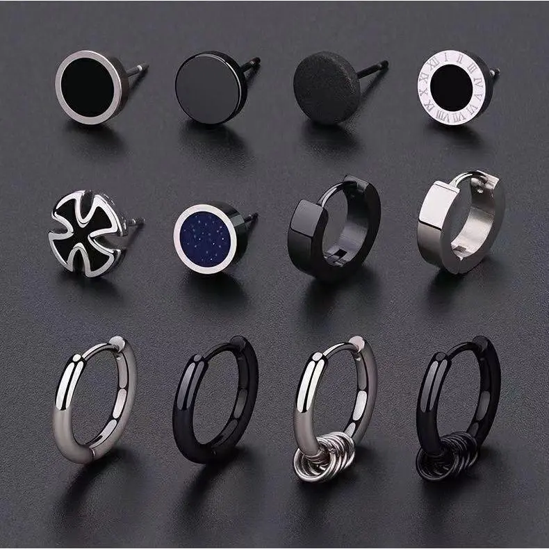 Men earrings set of 12, black earrings for men stainless steel set hypoallergenic dangle hinged earrings set gifts for men women fashion jewelry Fathers Day gift
