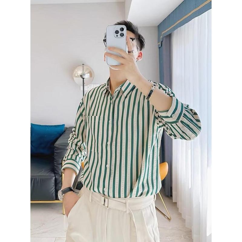 Áo Sơ Mi Dài Tay Kẻ Sọc, Thương Hiệu Thời Trang Nam, Phong Cách Mùa Xuân Và Mùa Thu, Thiết Kế Ngầu Và Hoang Dã, Siêu Phổ Biến, Thích Hợp Cho Giới Trẻ Và Trưởng Thành, Thời Trang, 2024 Menswear Cổ Tròn 0
