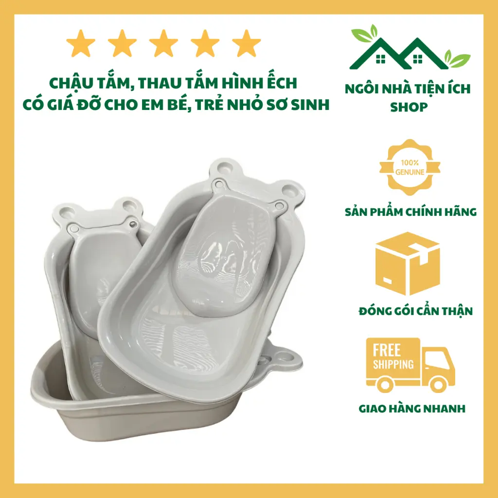 Chậu Tắm Cho Bé Hình Chú Ếch Tặng Kèm Tựa Lưng, Nhựa PP Chắc Chắn, Kích Thước : 70 x 40 x 18cm Kem Voi