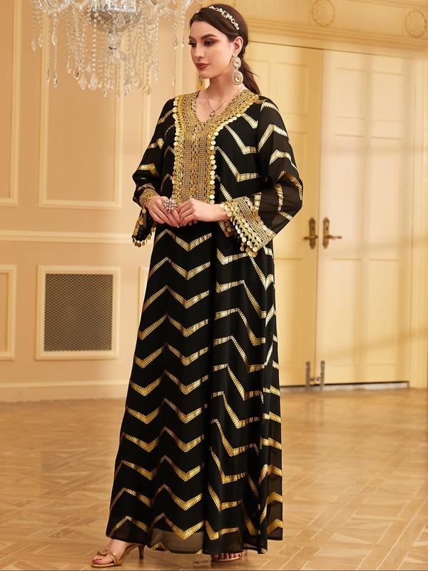 Arabic Clothing- Wave Pattern Hot Stamping Contrast Sequin Fringe Trim Dress, Elegant Long Sleeve V Neck Long Dress for Women, Women's Islamic Clothing for All Seasons, Modesty Dresses, Kameez 4