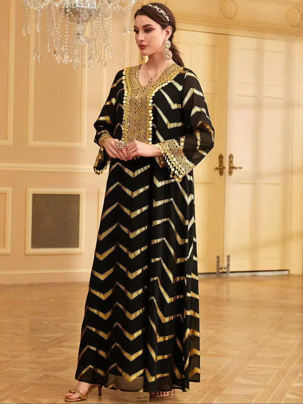 Arabic Clothing- Wave Pattern Hot Stamping Contrast Sequin Fringe Trim Dress, Elegant Long Sleeve V Neck Long Dress for Women, Women's Islamic Clothing for All Seasons, Modesty Dresses, Kameez 4