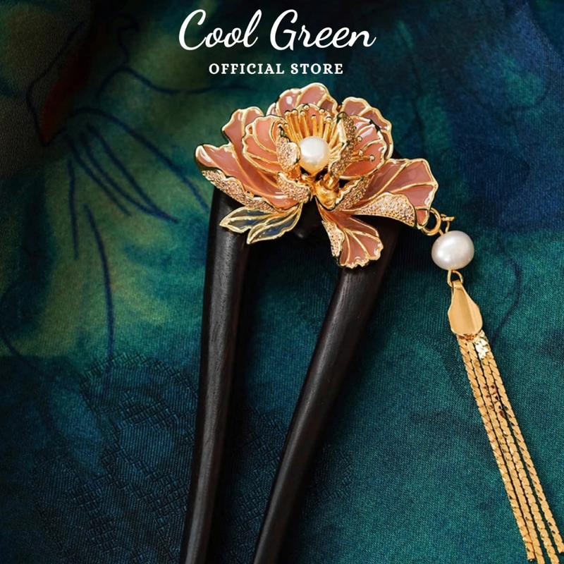 [Tặng hộp] Trâm cài tóc chữ U bằng gỗ đàn hương đen đính hoa Mẫu Đơn cao cấp phong cách cổ trang U07