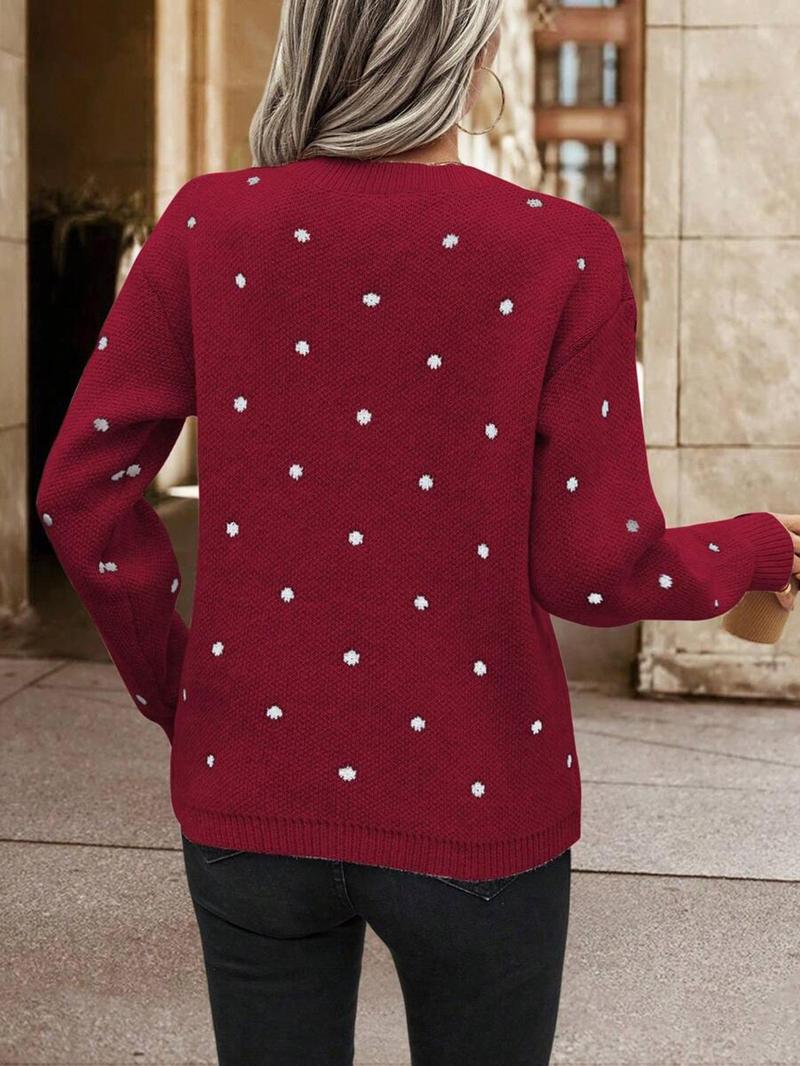 Product Introduction of Women's Polka Dot Print Drop Shoulder Longsleeves Crewneck Sweater, Long Sleeve Round Neck Jumper for Fall & Winter, Fashion Ladies' Knitwear for Daily Wear, Comfort Lady Tops, Casual Womenswear,  Modest Outfits 13