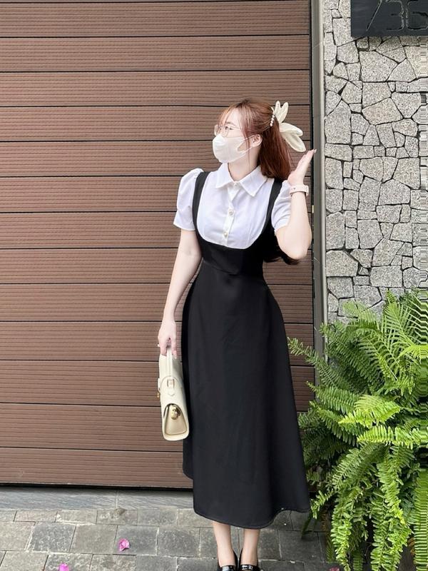 [FREESHIP] A25- Đầm váy Công Sở MIJU váy yếm liền đính cúc ngọc chất liệu cotton lạnh dày dặn, mềm mịn dáng xoè chữ A phù hợp đi làm đi tiệc đi chơi giáo viên Mijustore Women Dress Nữ Màu Nâu 7