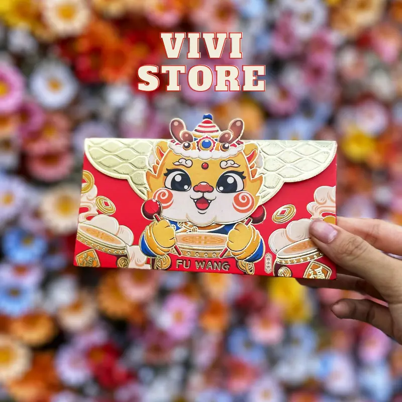 Set Lì Xì Rồng ngang 2024, ánh nhũ vàng, Mẫu Rồng Năm Mới Giáp Thìn, chất liệu giấy tổng hợp cao cấp - ViviStore 3