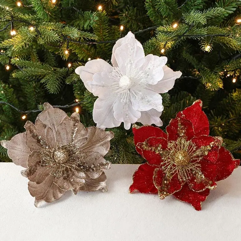 Christmas Flowers Glitter Artificial Flower Xmas Tree Hanging Ornaments DIY Garlands Home Wedding New Year Party Decoration Gift Cloth