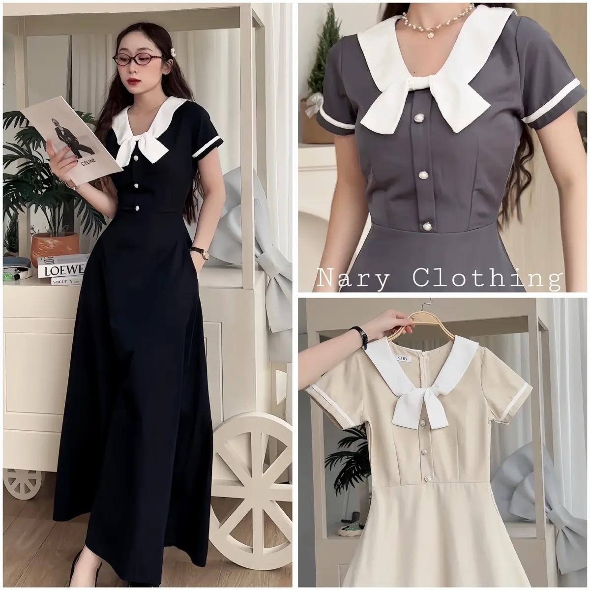 Váy Cổ Nơ Tay Phối Viền Chiết Eo Thanh Lịch (có túi) Nary Clothing - Nữ - Women Dress Đen