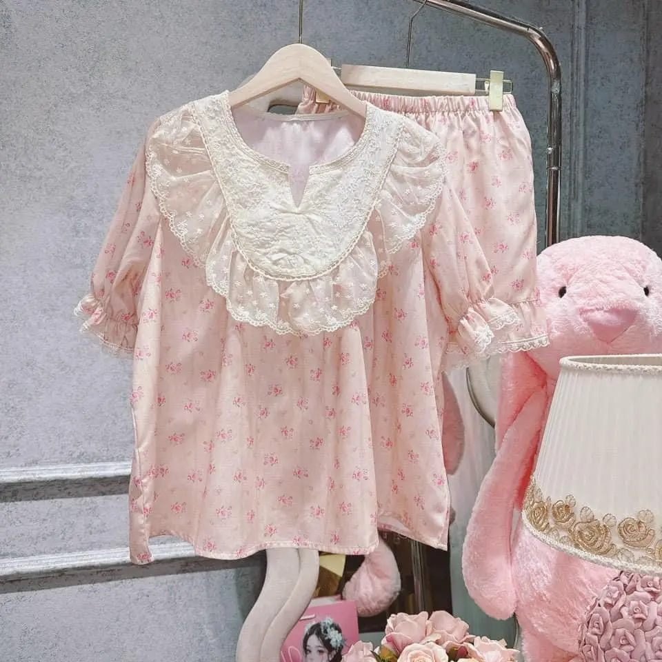 N3 pijama bánh bèo cộc đùi họa tiết hoa cam cho nữ - Bộ Quần Ngủ Áo Ngủ hàng quảng châu cao cấp cho nữ ( Women )