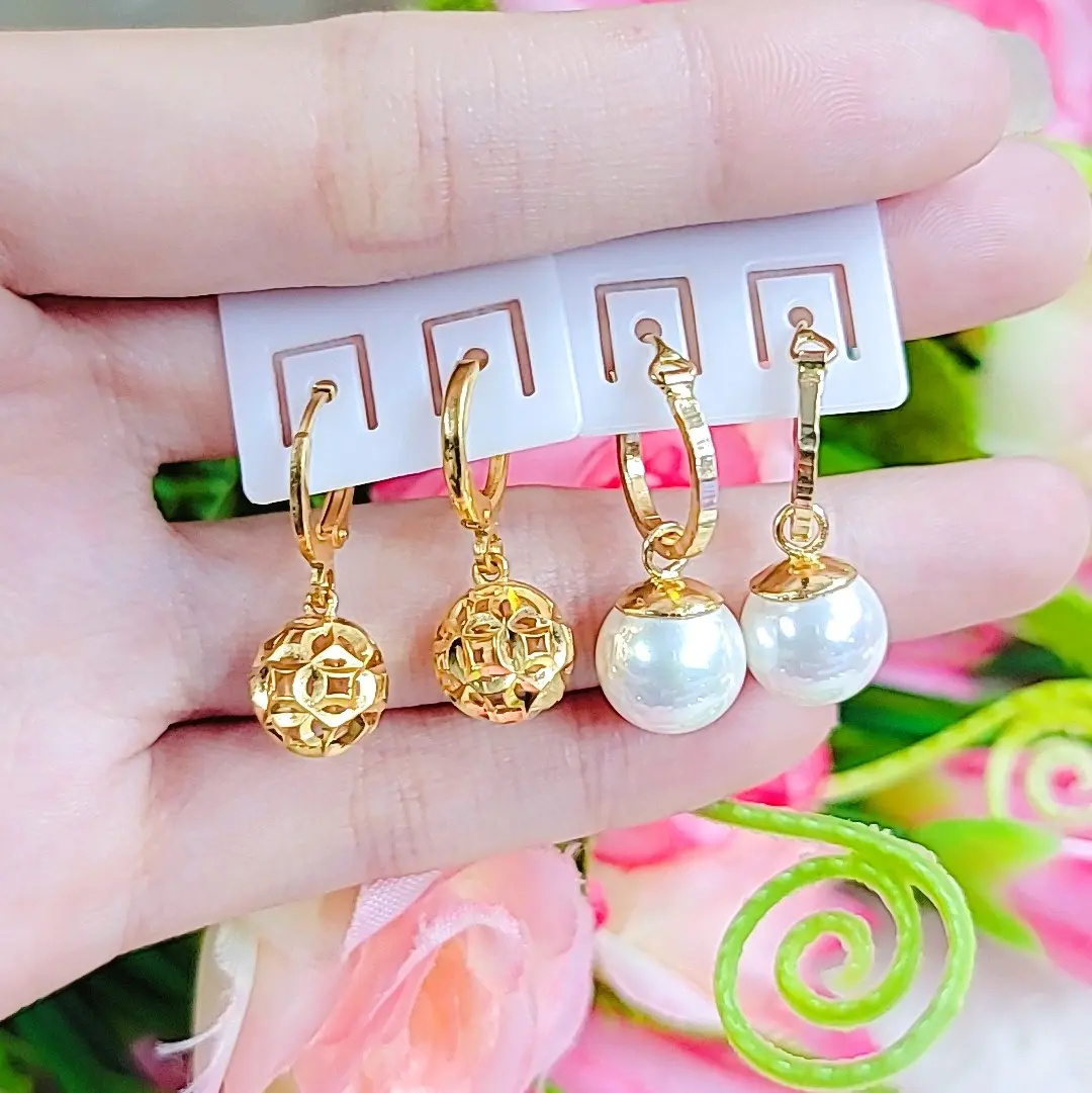Bông tai đồng đỏ ngọc trai và trái châu kim tiền  màu vàng 750 miền tây