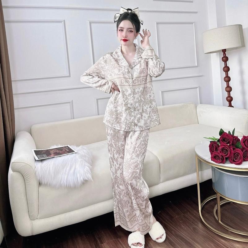 Bộ Quần Áo Lụa Mịn Viền Lé Nút Bọc Tay Dài Quần Dài Hoạ Tiết Sang  Nữ Voi Đồ Ngủ Nữ 2