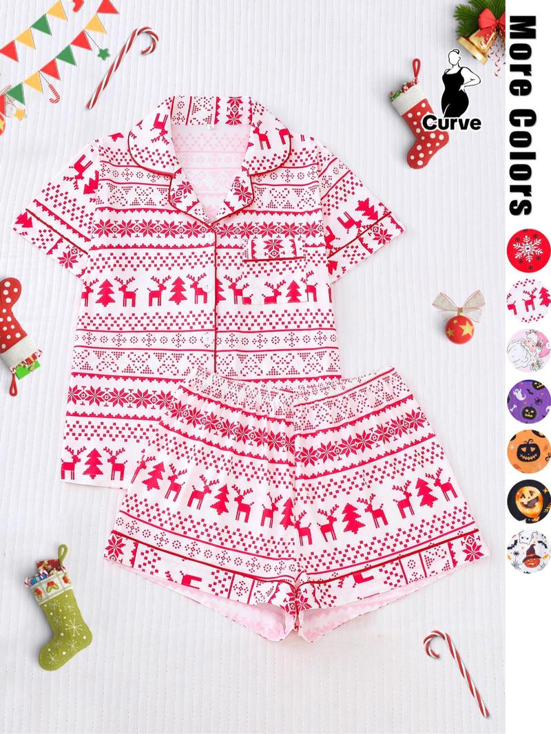 Product Introduction of 【Plus Size】 Two-piece Set Pumpkin & Skull Print Lapel Neck Pocket Shirt & Elastic Waist Shorts Pyjama Set, Halloween Casual Comfy Short Sleeve Button Up Top & Shorts Pj Set, Halloween Pajamas, Christmas Pajamas, Pyjamas for Women 7