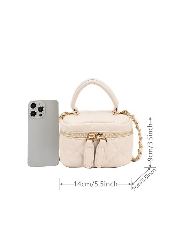Fashion Quilted Embroidered Handbag, Plain PU Leather Zipper Crossbody Bag with Chain Strap, Bucket Bag for Work Travel 7