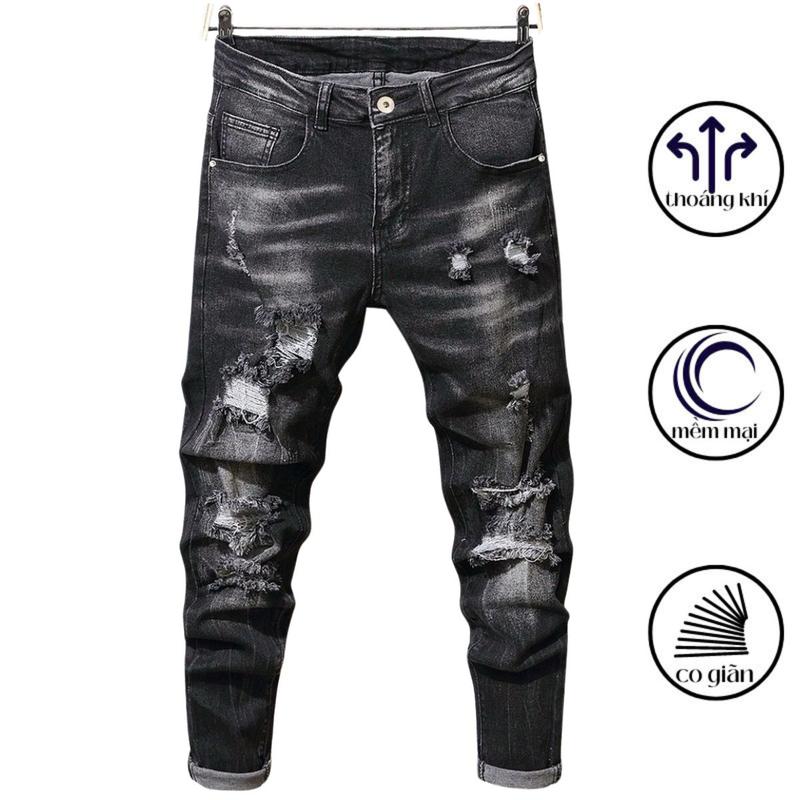 Quần jeans nam màu nâu đen rách chi tiết.Quần bò nam ống côn dáng skinny rẻ đẹp