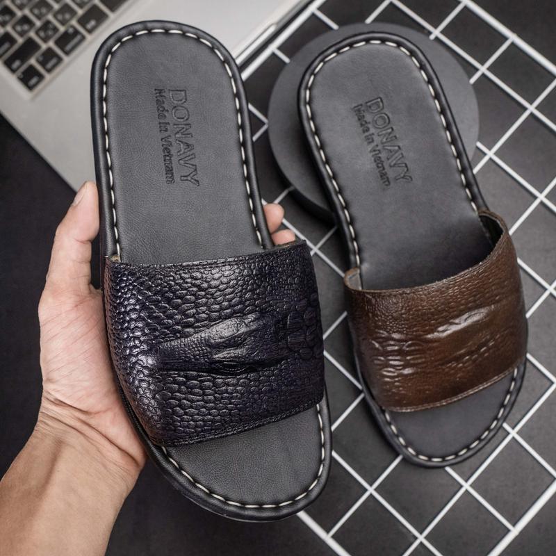 Dép Nam quai ngang da bò thật,khâu viền xung quanh,dập vân cá sấu nét, mã T Đế Bằng