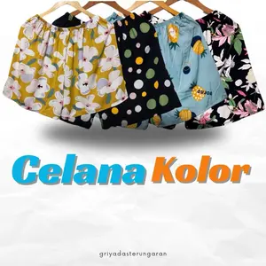 Celana Kolor Pendek Wanita Isi 4Pcs Motif Kekinian Santai Rayon   Kantong Shorts  Harian Nyaman