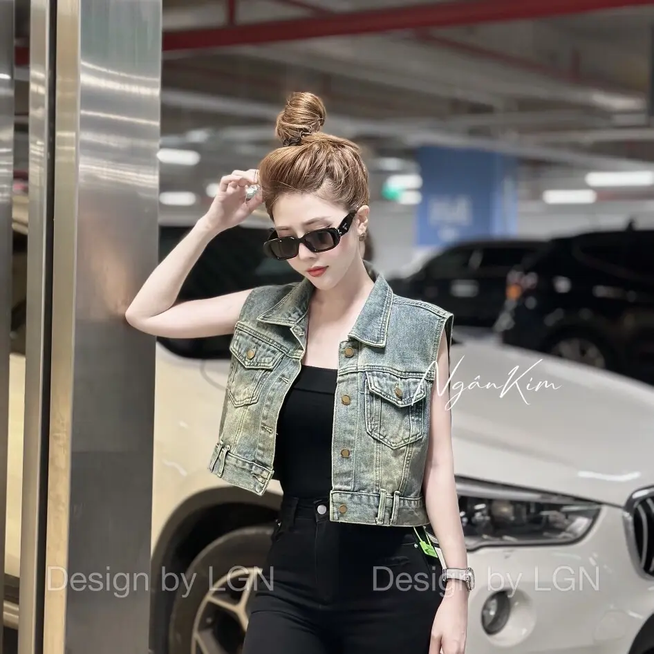 Áo zile bò cá tính, màu bò mài, chất đẹp phối túi Nữ Jean Women