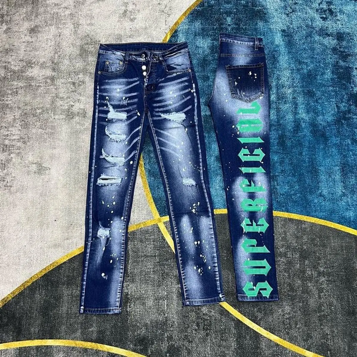 Quần jean nam xanh in chữ xanh phối 4 nút cao cấp vải dày đẹp Menswear