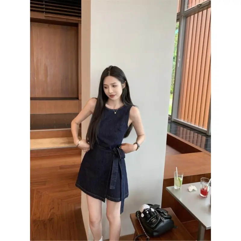 Váy Vest Denim Phong Cách Cổ Điển Thanh Lịch Cô Gái Đầy Đặn, Váy Chữ A Eo Buộc Dây Mùa Hè Cho Nữ, Váy Ngắn Ngoại Cỡ, Bộ Sưu Tập 2024 2